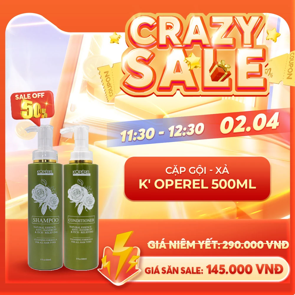 Thiết kế Crazy Sale giới thiệu cặp gội xả K’Operel trên nền cam
