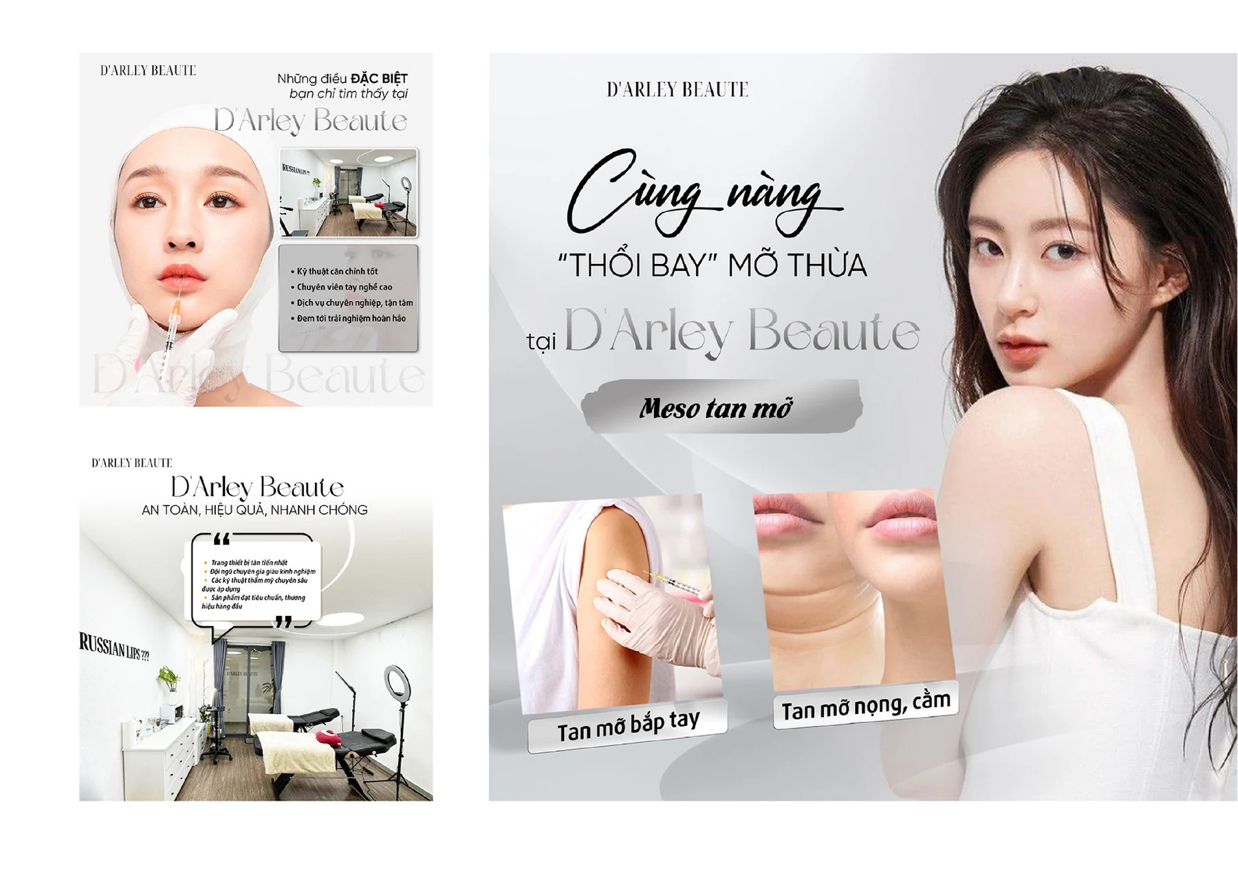 Bảng thiết kế D’Arley Beauté với hình ảnh nhân vật và không gian dịch vụ