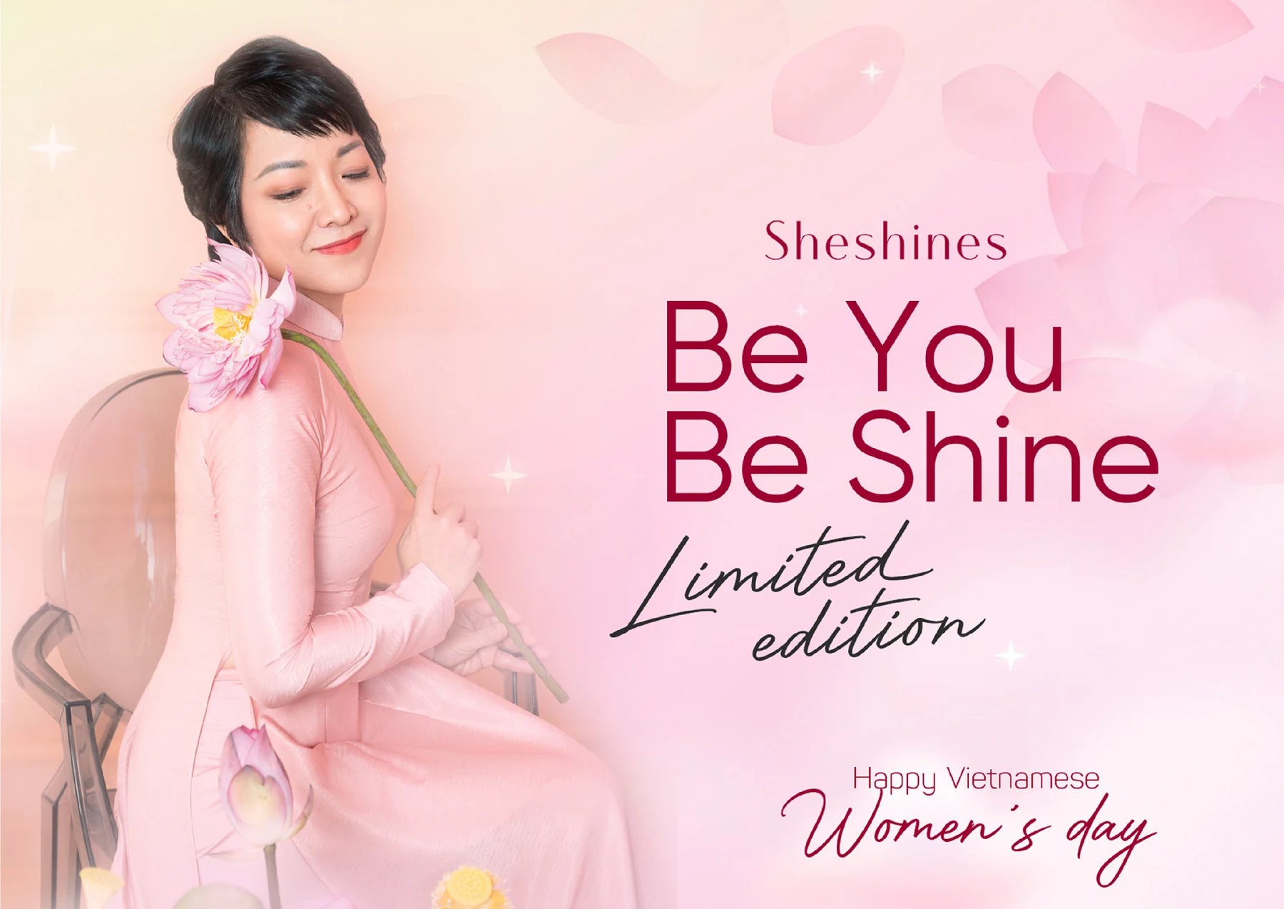 Thiết kế Be You Be Shine của Sheshines với nhân vật mặc áo dài hồng
