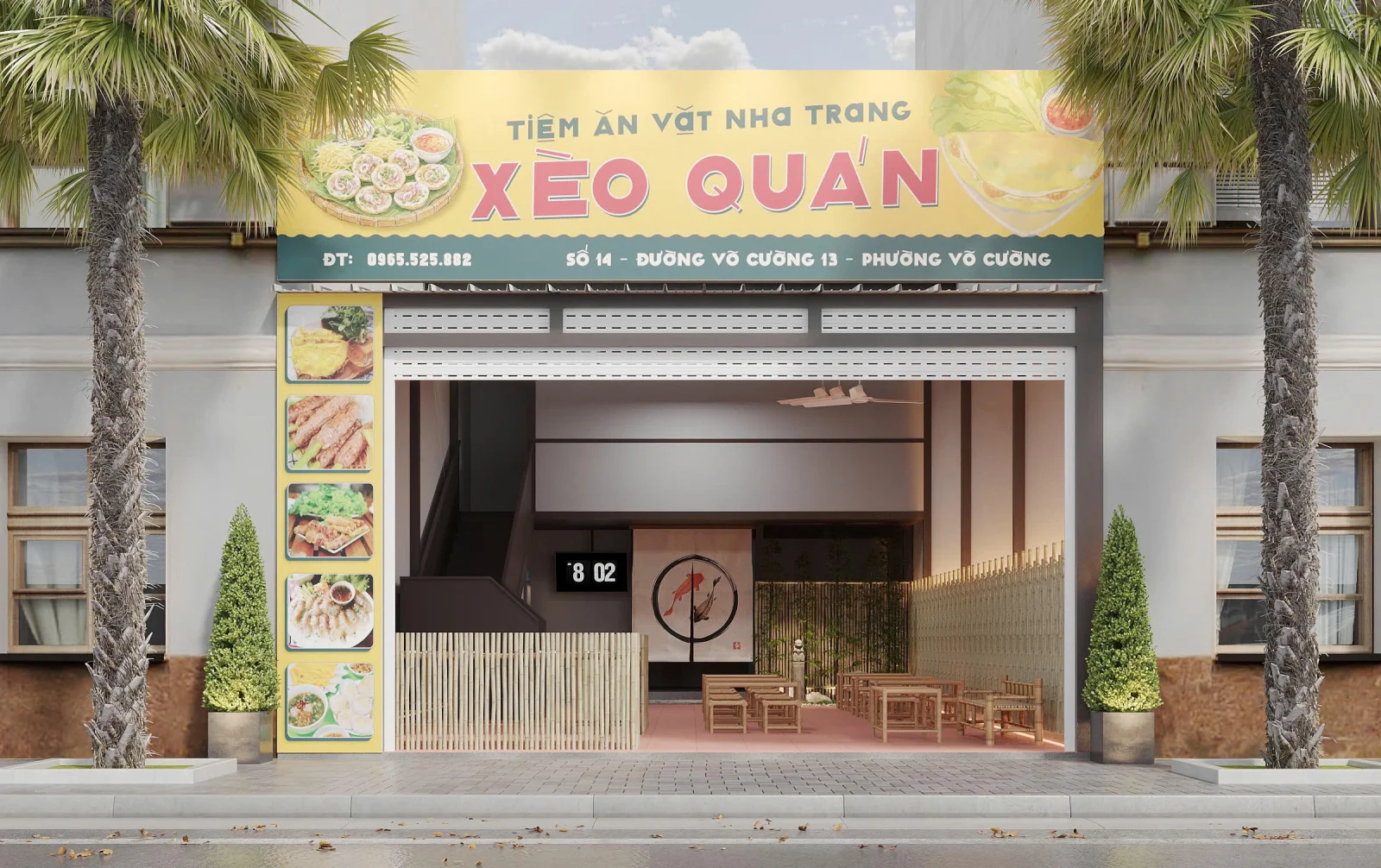 Phương án thiết kế biển hiệu và mặt tiền tiệm ăn vặt Xèo Quán